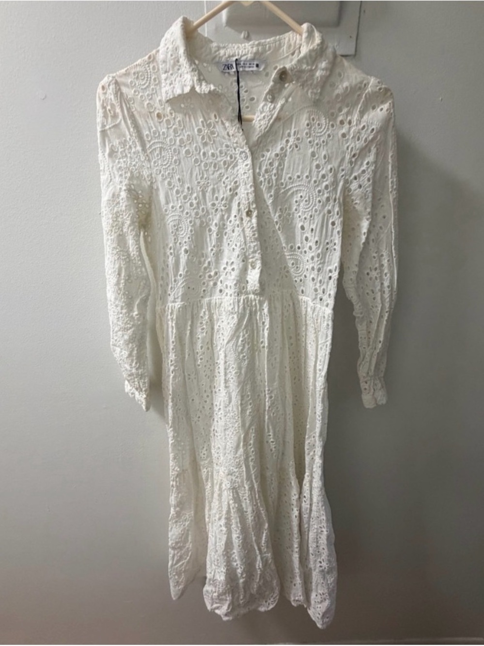 Zara White Eyelet Long Sleeve Midi Dress